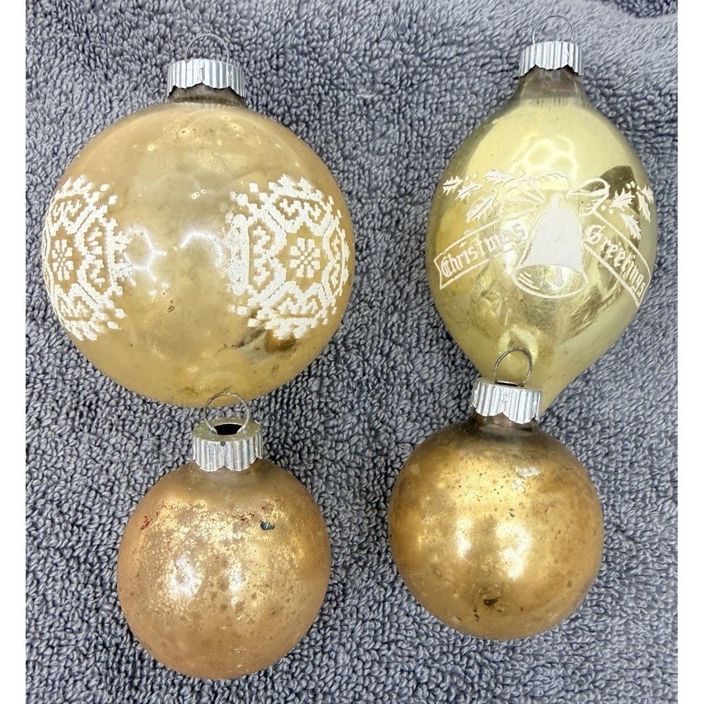 VINTAGE SHINY BRITE GOLD GLASS CHRISTMAS ORNAMENTS TEARDROP Ball Lot Of 4